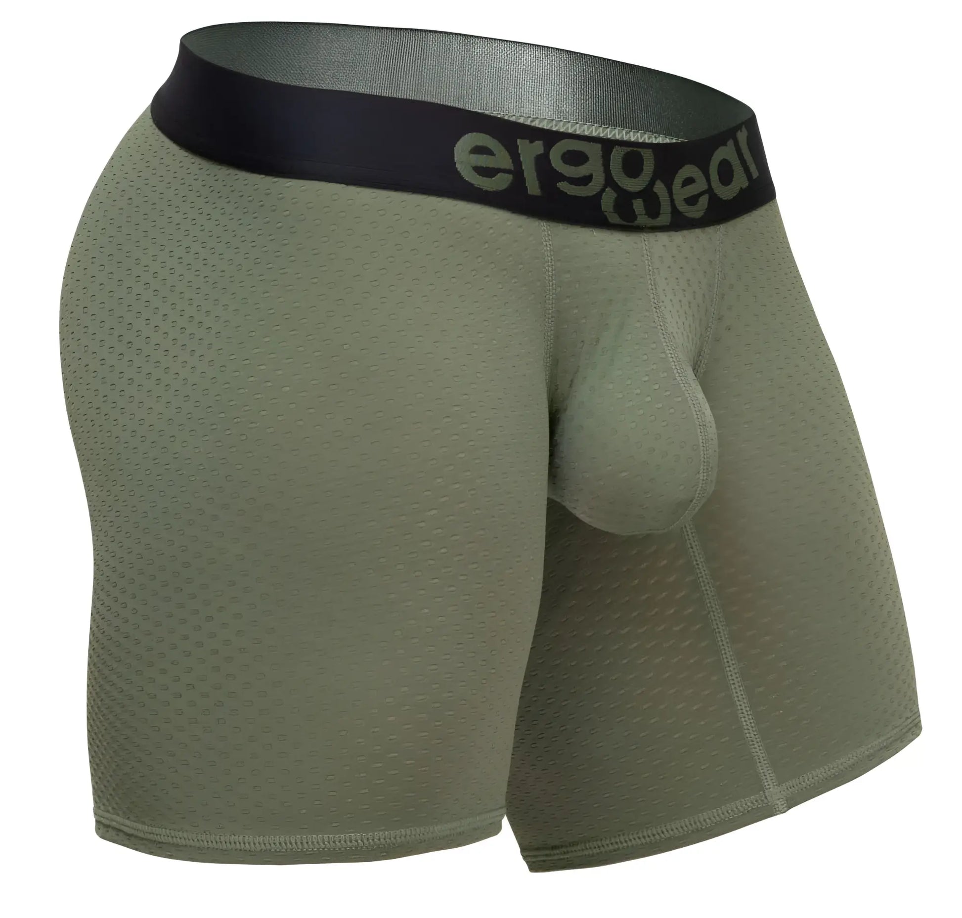 Olive green ergonomic boxer briefs with black ergo wear logo waistband designed for comfort and support