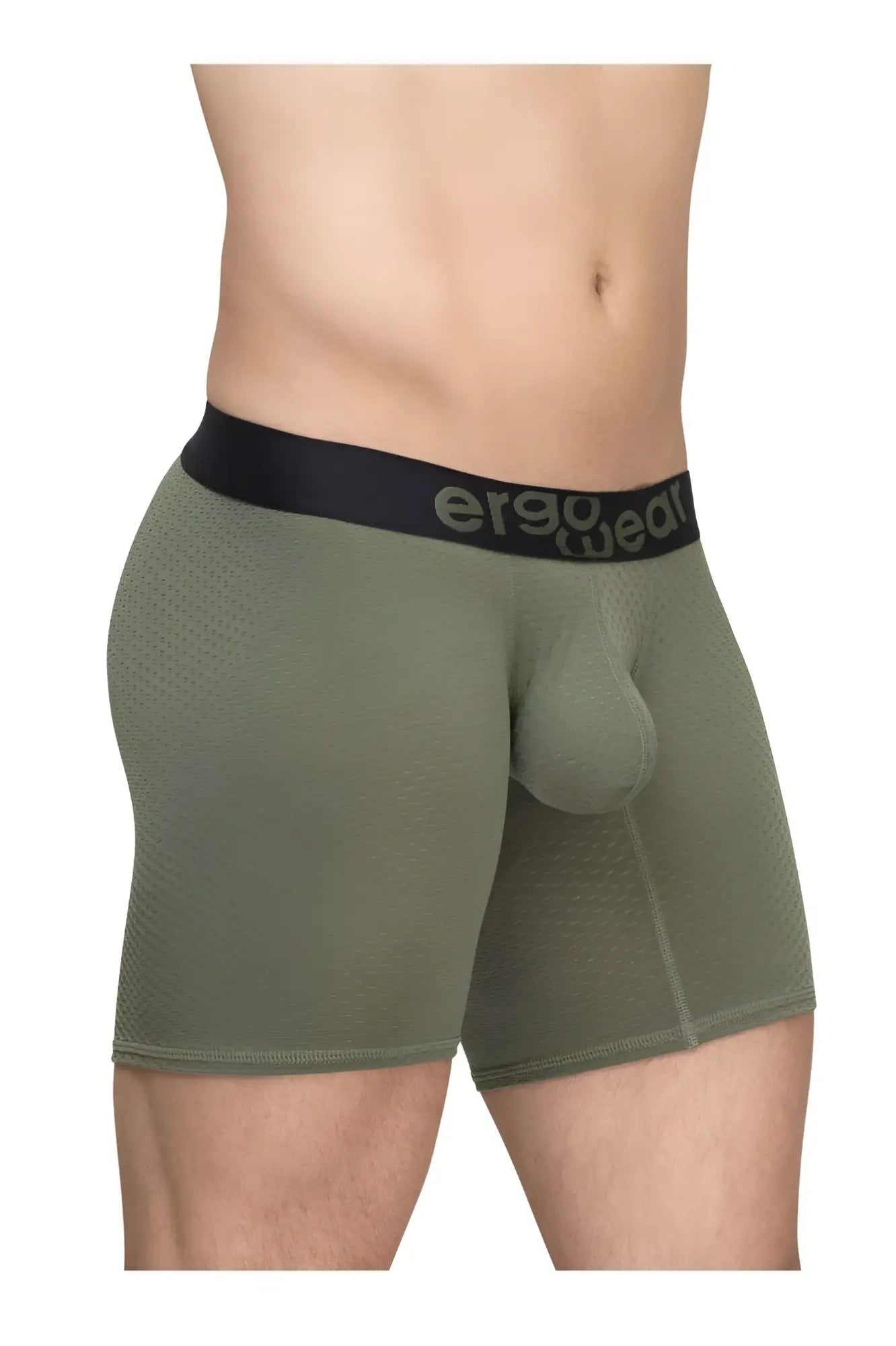Olive green ergonomic boxer briefs with black ergojeans waistband designed for comfort and maximum airflow