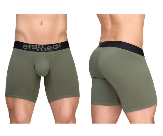 ErgoWear EW1788 max flow boxer briefs in dark green olive with ergonomic design and black waistband featuring er90wear logo