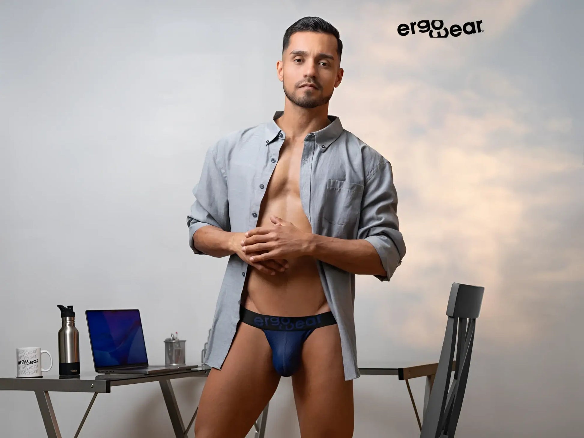 Navy blue ergonomic briefs with black elastic waistband featuring the ergowear logo in the back view