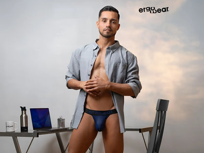 Navy blue ergonomic briefs with black elastic waistband featuring the ergowear logo in the back view