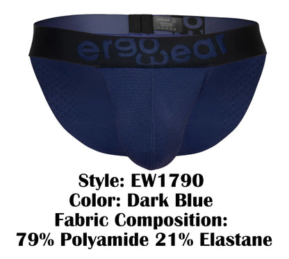 Dark blue ergo wear ew1790 max flow bikini briefs with perforated mesh design and black waistband logo visible
