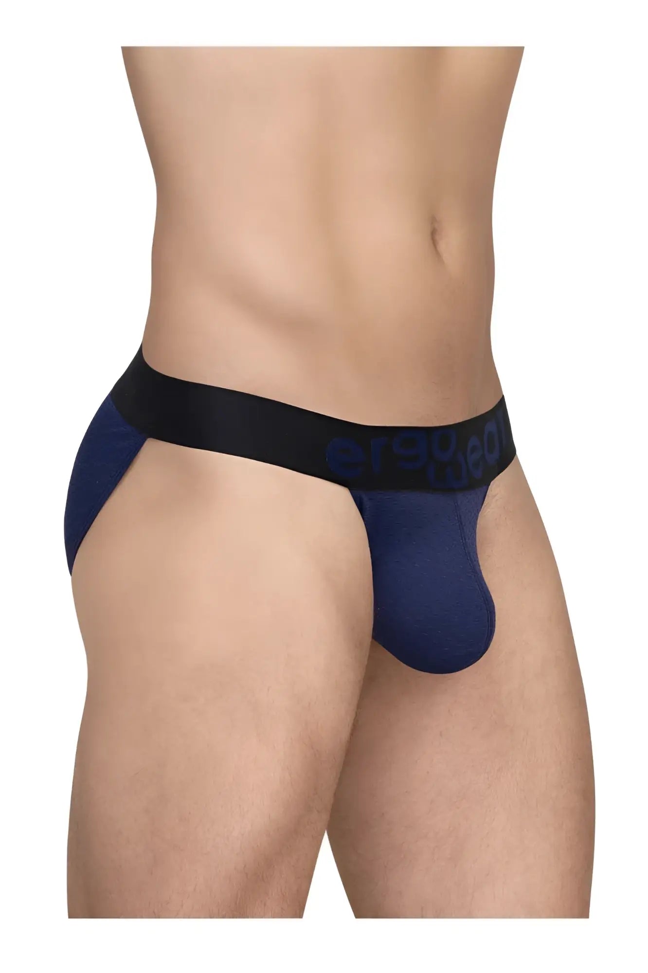 Navy blue ErgoWear EW1790 MAX FLOW bikini briefs with black waistband and erased branding in light gray lettering