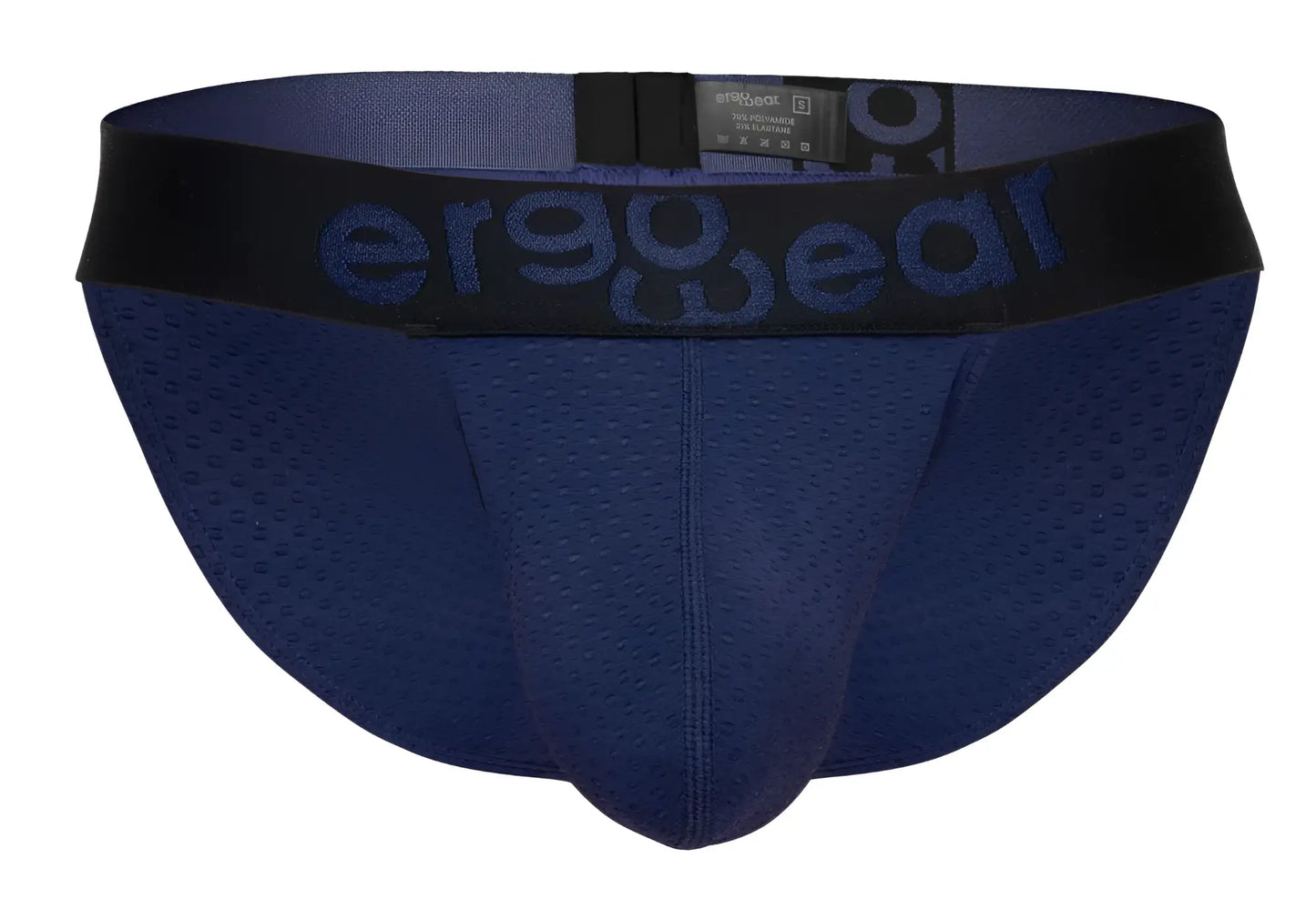 Navy blue perforated mesh briefs with black elastic waistband and ergo wear logo model ew1790 max flow bikini