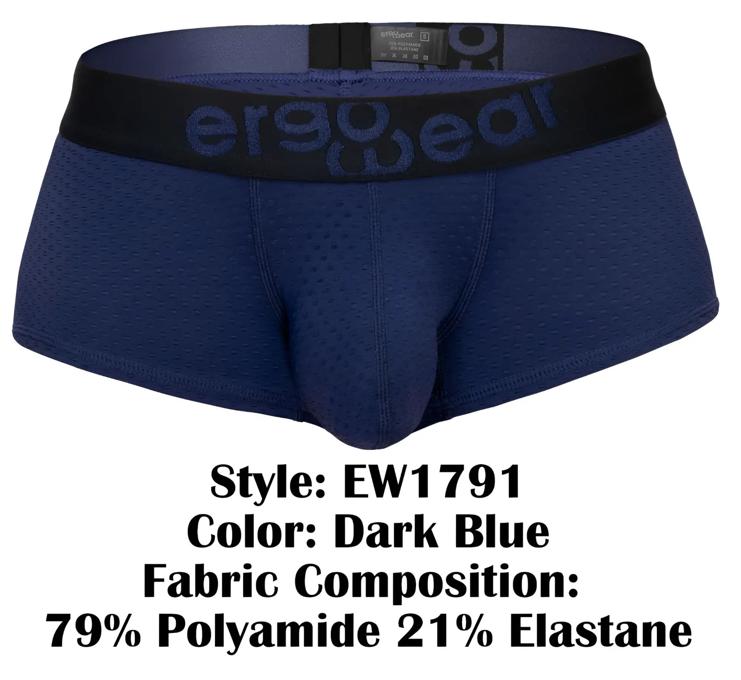 Dark blue ergonomic briefs with a black waistband featuring the ergo wear logo in matching dark blue color