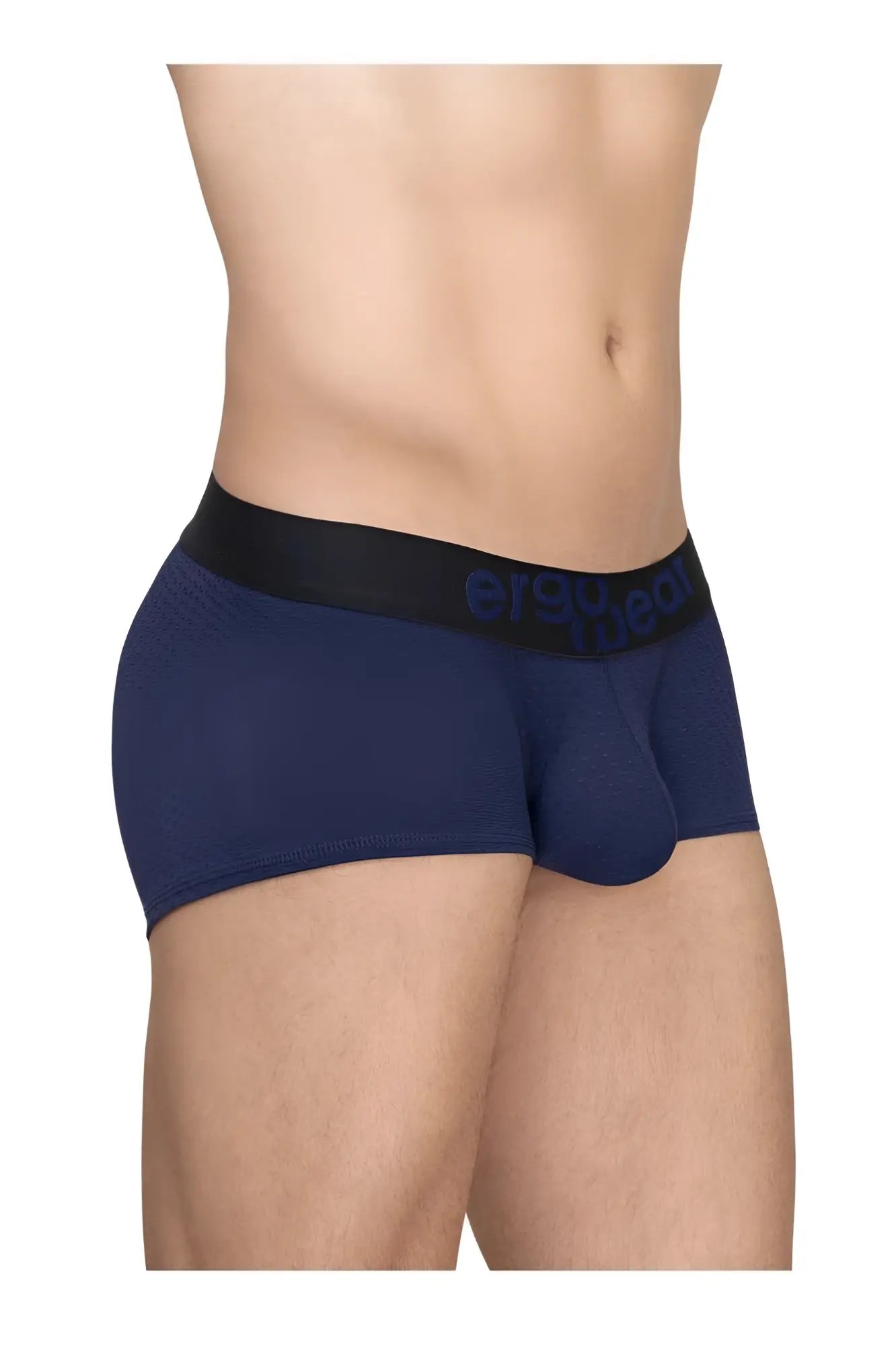 Navy blue textured ergoWear ew1791 max flow trunks with black elastic waistband and dark gray ersquad logo