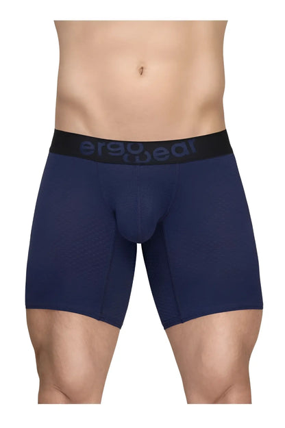 Navy blue ergonomic boxer briefs with black waistband and ergo wear logo in gray text model ew1792 max flow
