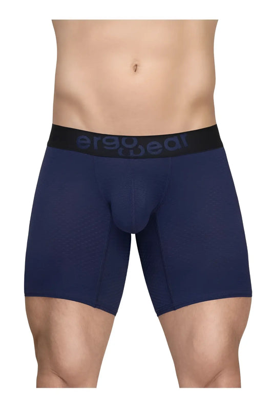 Navy blue ergonomic boxer briefs with black waistband and ergo wear logo in gray text model ew1792 max flow