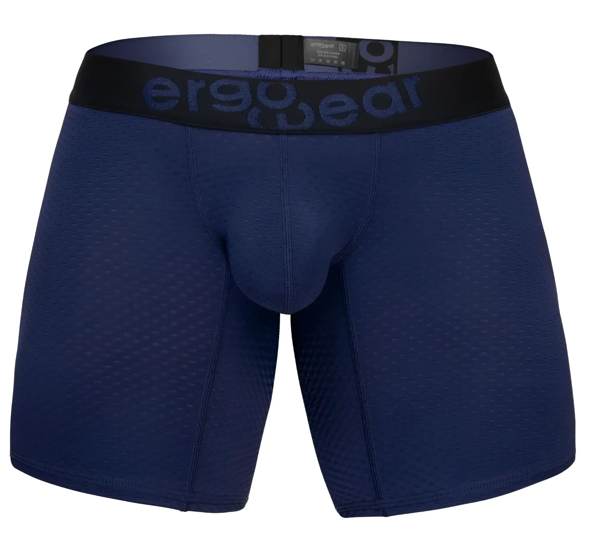 Navy blue ergonomic boxer briefs with black waistband and ergo gear logo in dark gray for comfortable wear