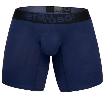 Navy blue ergonomic boxer briefs with black waistband and ergo gear logo in dark gray for comfortable wear