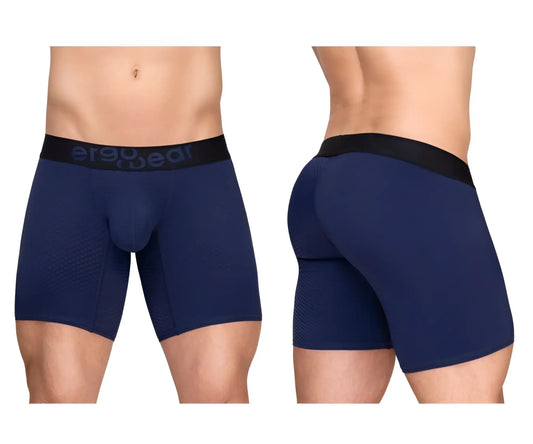 Navy blue ergonomic ErgoWear EW1792 MAX FLOW boxer briefs with black waistband designed for comfort and support