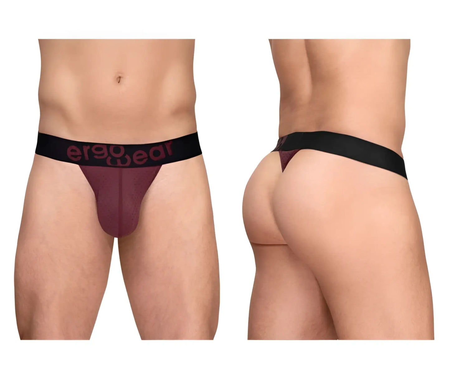 Maroon ergowear ew1793 max flow g-string briefs with black waistband and pink ergo wear logo shown from the back
