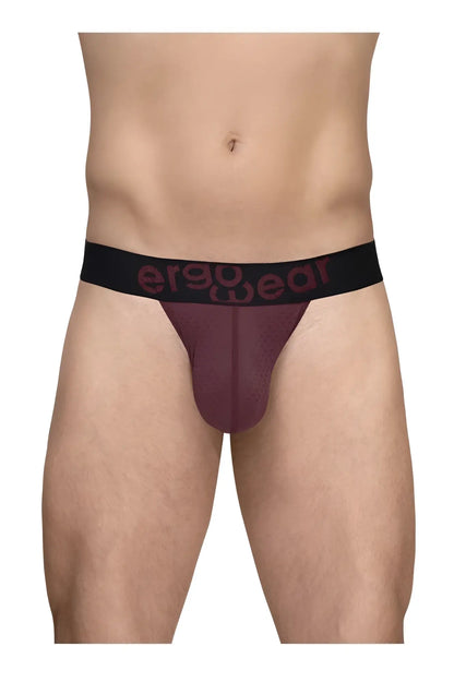 Ergowear ew1793 max flow burgundy g-string briefs with maroon fabric and black waistband featuring ergo wear logo