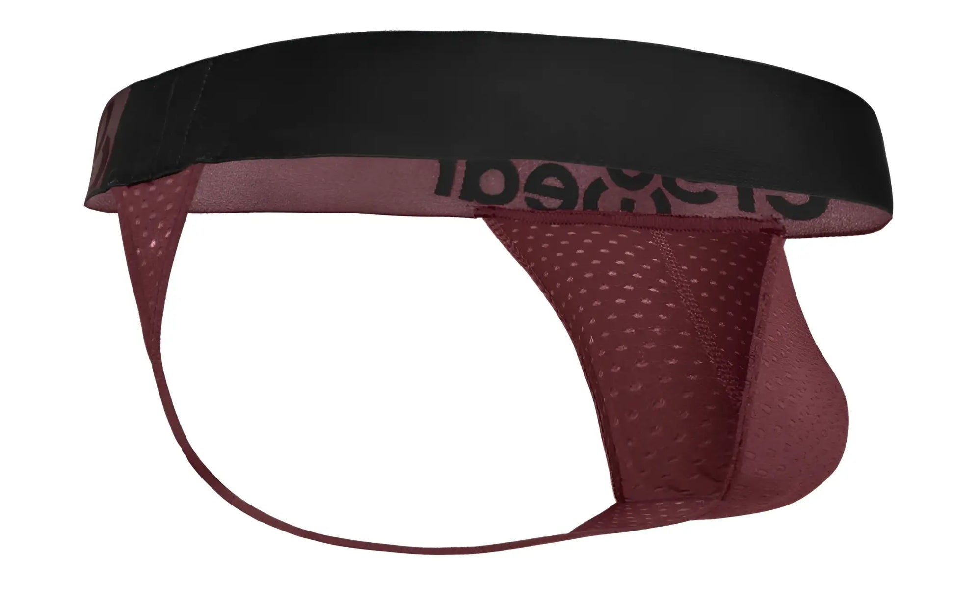 Ergo wear ew1793 max flow g-string in burgundy maroon mesh with black elastic waistband and cleareal branding