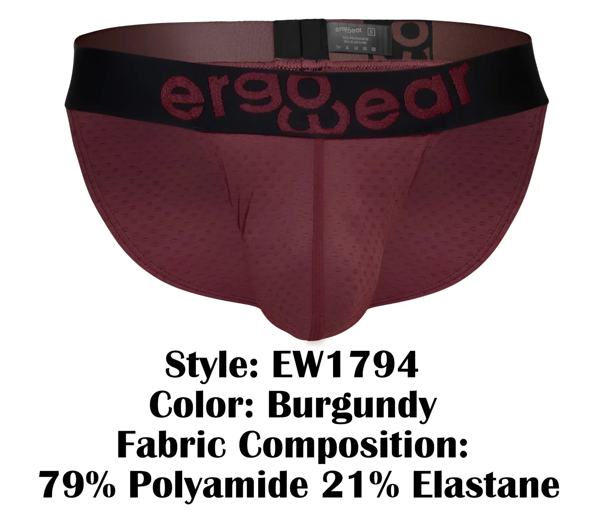 Burgundy ergonomic briefs with a black waistband featuring the ergo wear logo in burgundy lettering ew1794 max flow bikini