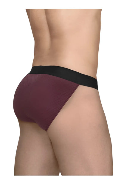 Maroon and black ergo wear ew1794 max flow bikini briefs with textured fabric waistband for athletic use