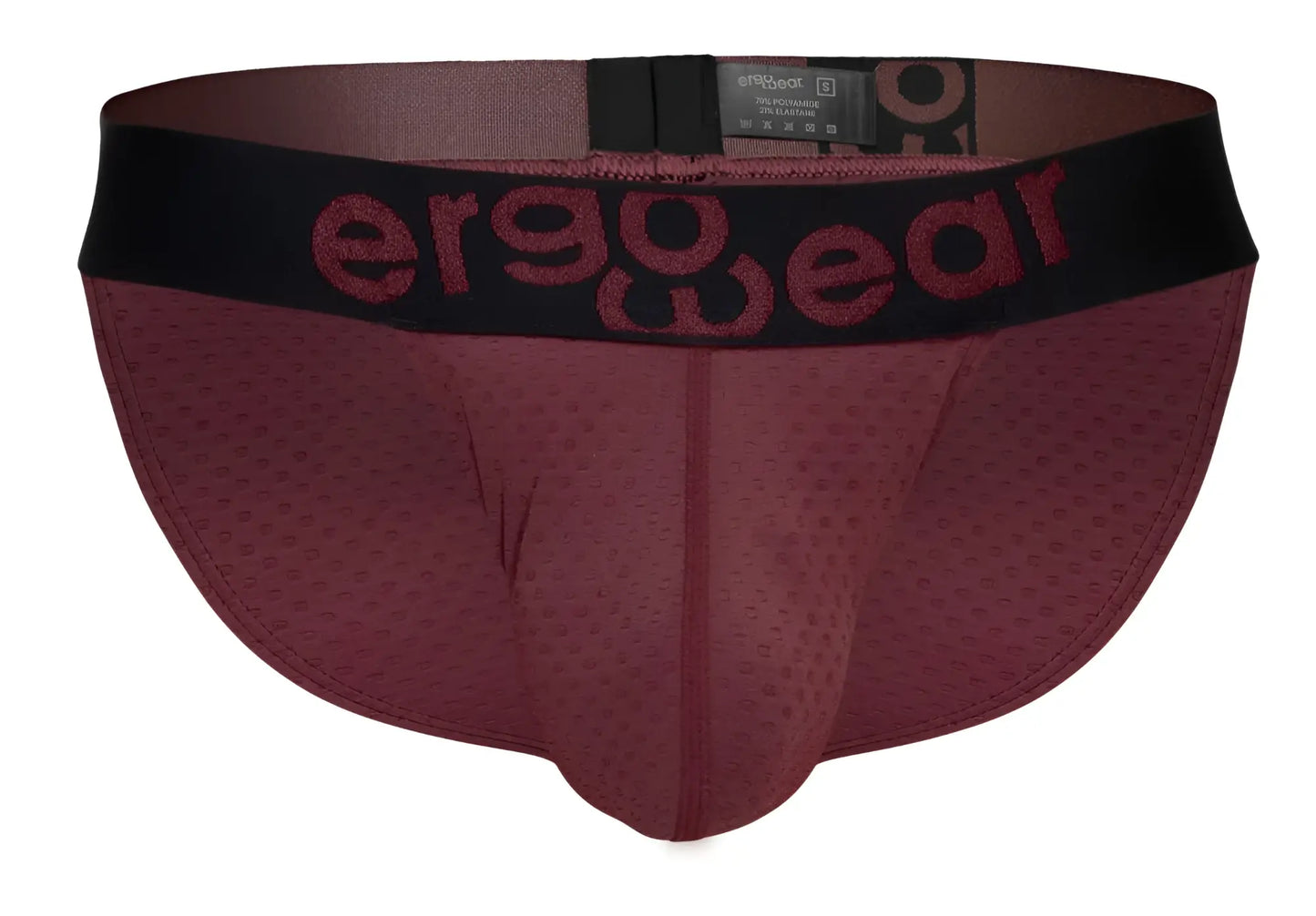Maroon ergo wear ew1794 max flow bikini briefs with black waistband and matching maroon logo lettering