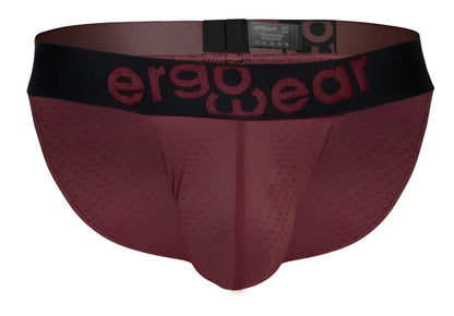 Maroon ergo wear ew1794 max flow bikini briefs with black waistband and matching maroon logo lettering