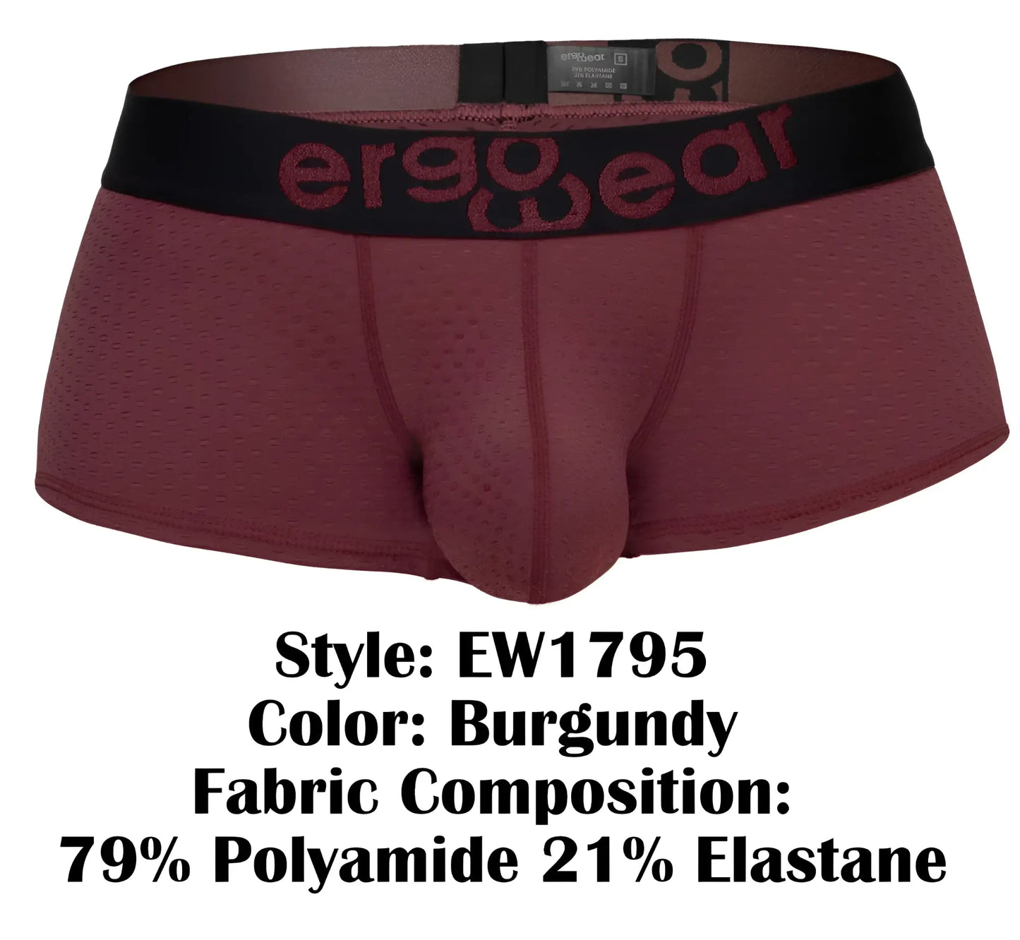 Ergowear ew1795 max flow trunks in burgundy with black waistband and red logo made from 79 polyamide 21 elastane