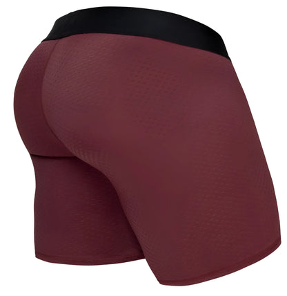 Ergowear ew1796 max flow boxer briefs in burgundy with black waistband and breathable textured mesh fabric