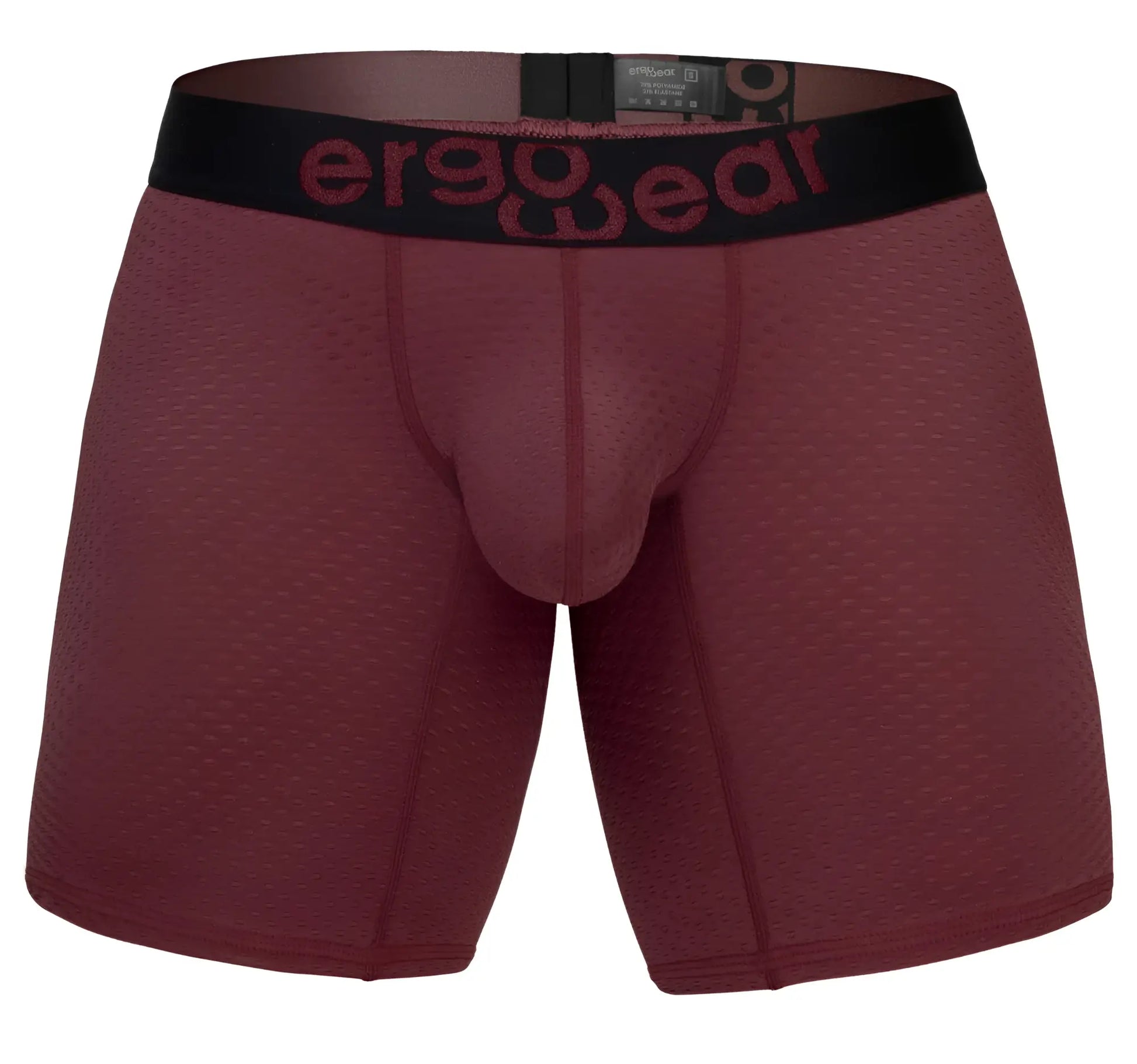 Maroon ergonomic boxer briefs with black waistband and red ergo wear logo designed for maximum airflow comfort
