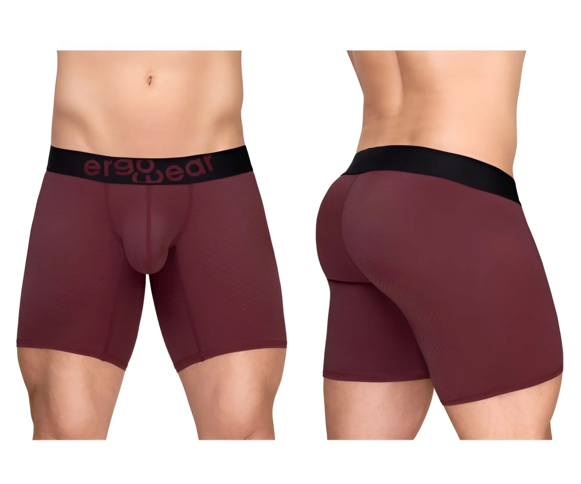 Maroon ergonomic boxer briefs with black ergo wear waistband designed for maximum airflow and comfort