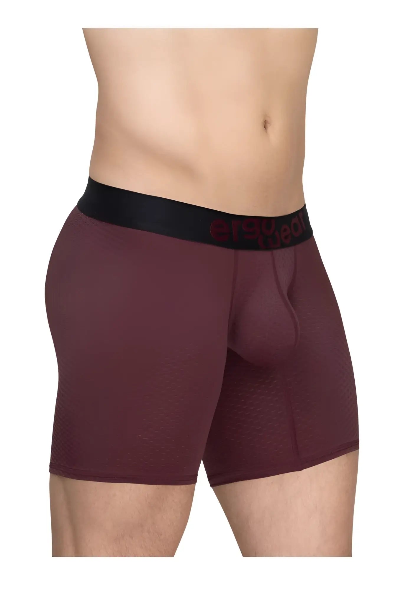 Ergo wear ew1796 max flow maroon textured boxer briefs with black waistband and red lettering for breathability