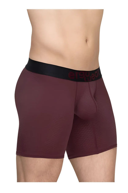 Ergo wear ew1796 max flow maroon textured boxer briefs with black waistband and red lettering for breathability