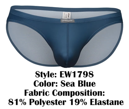 Sea blue men’s briefs with satin outer fabric and mesh lining featuring erawear label on waistband