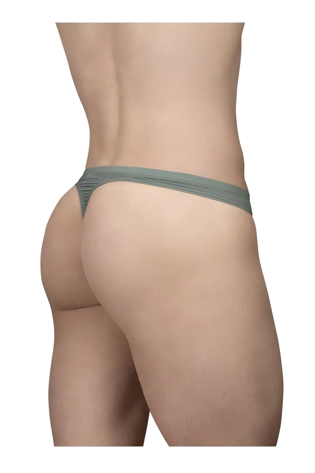 A sleek olive green ergo wear ew1801 x4d se thong made of smooth stretchy fabric with a ribbed waistband detail
