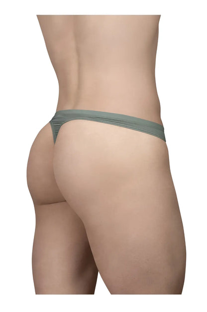 A sleek olive green ergo wear ew1801 x4d se thong made of smooth stretchy fabric with a ribbed waistband detail