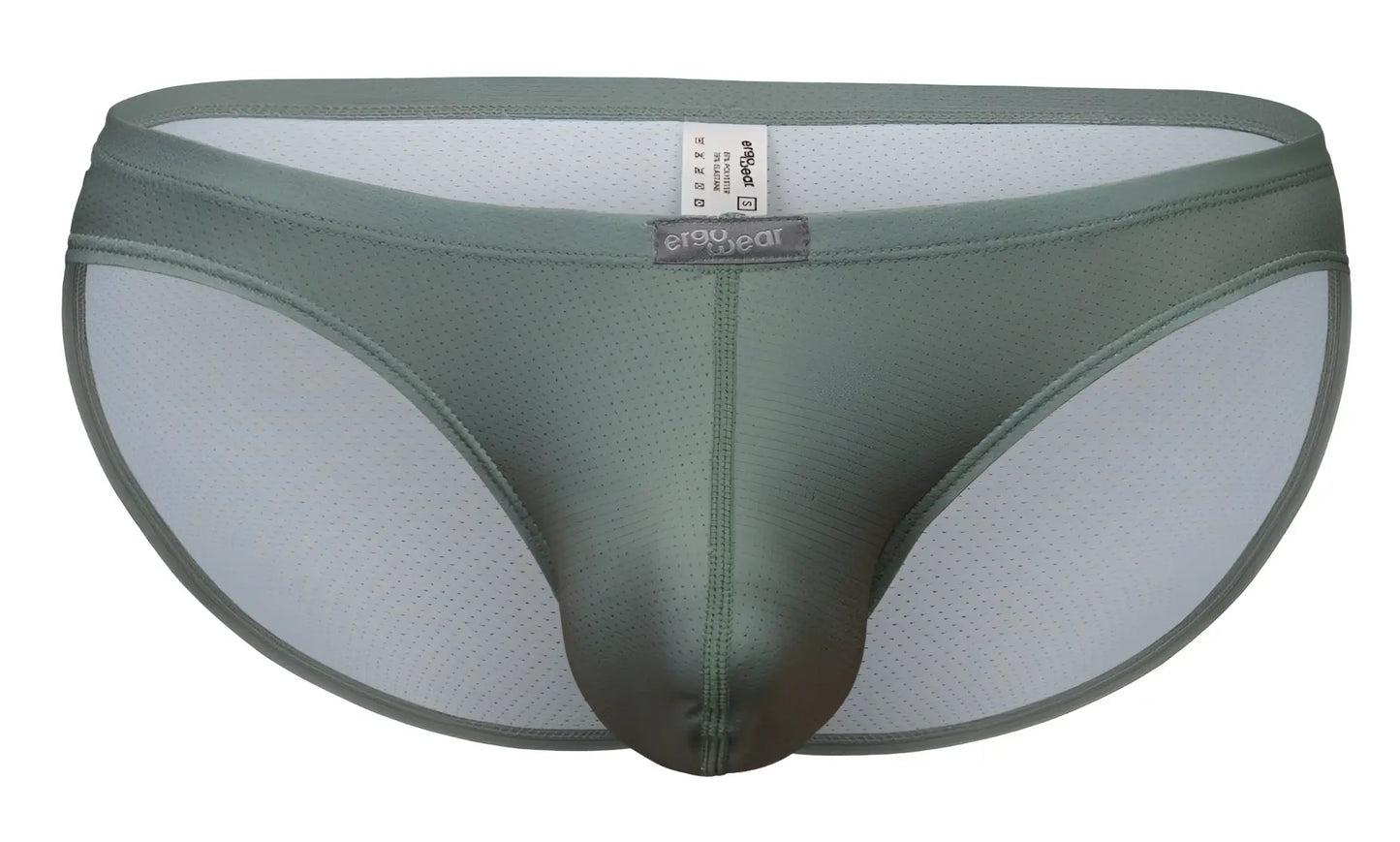 Olive green ergoWear ew1802 x4d se bikini brief with mesh sides solid front panel and visible erag bear label