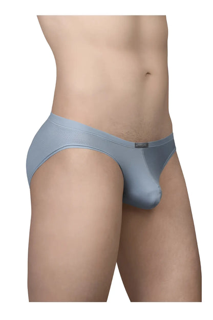 Light blue smooth textured men’s briefs with subtle sheen and small brand tag on waistband by ergowear ew1806 x4d se bikini