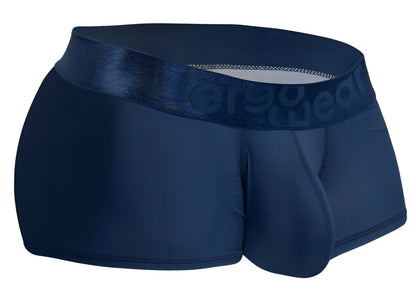 Navy blue ergoWear ew1814 max bold se trunks with satin-like waistband featuring subtle er90wear embossed logo