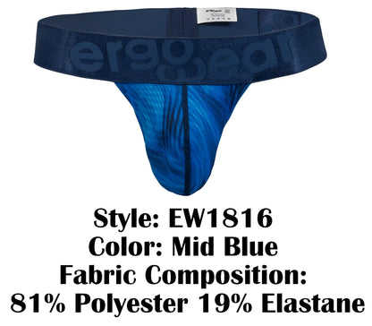 Mid blue ergonomic thong with subtle feather pattern and ergogear branded waistband from ergowear ew1816 max bold se g-string