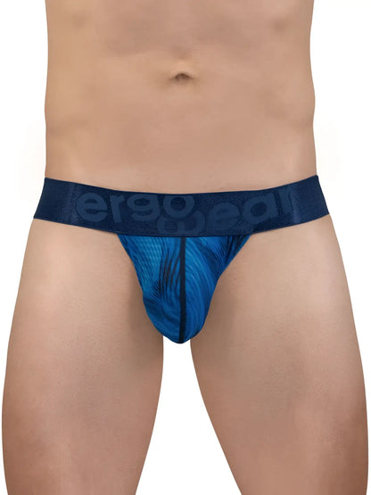 Blue patterned men’s briefs with dark blue ergo wear elastic waistband in mid blue max bold se g-string style