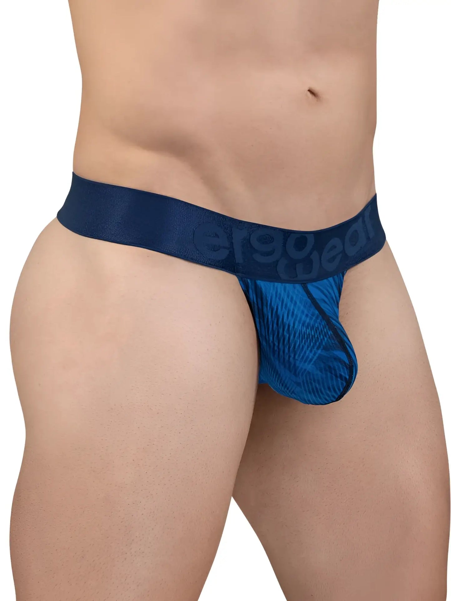 Blue patterned men’s briefs with a solid navy waistband featuring the er90wear logo in mid blue color