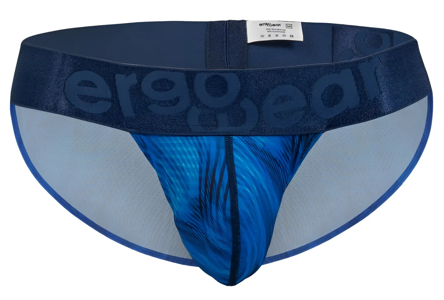 Blue patterned men’s briefs with dark blue ergo wear waistband in mid blue color from ergo wear ew1817 max bold se bikini line