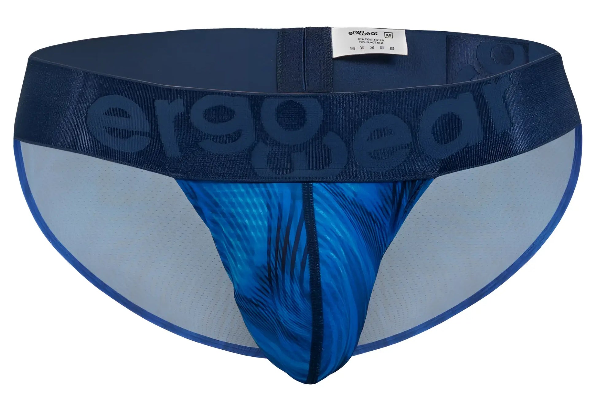 Blue patterned men’s briefs with dark blue ergo wear waistband in mid blue color from ergo wear ew1817 max bold se bikini line