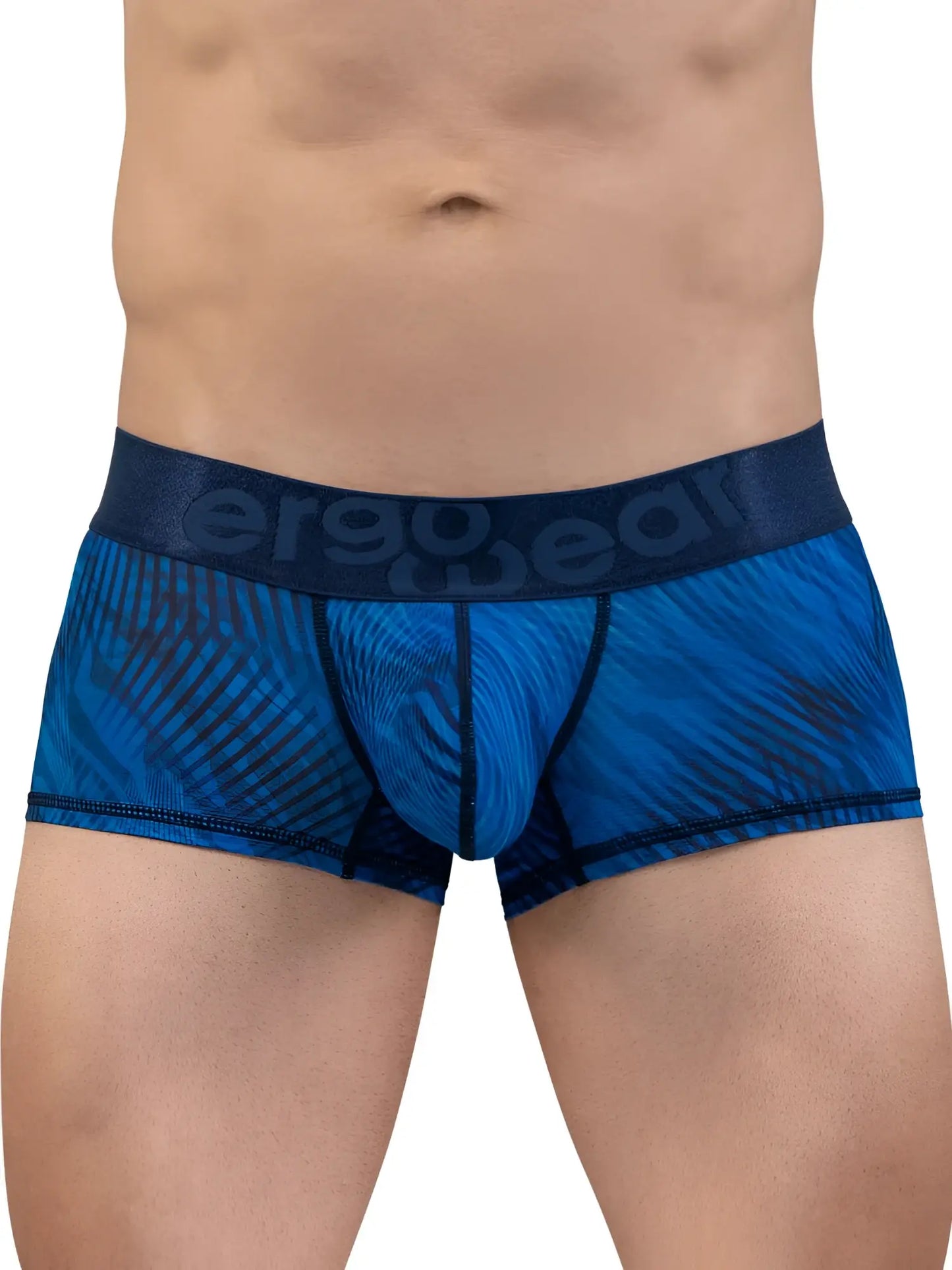 Blue patterned men’s boxer briefs with dark blue ergo gear waistband in mid blue from ergowear ew1818 max bold se trunks