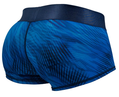 Blue patterned men’s boxer briefs with dark blue elastic waistband from ergowear ew1818 max bold se trunks mid blue