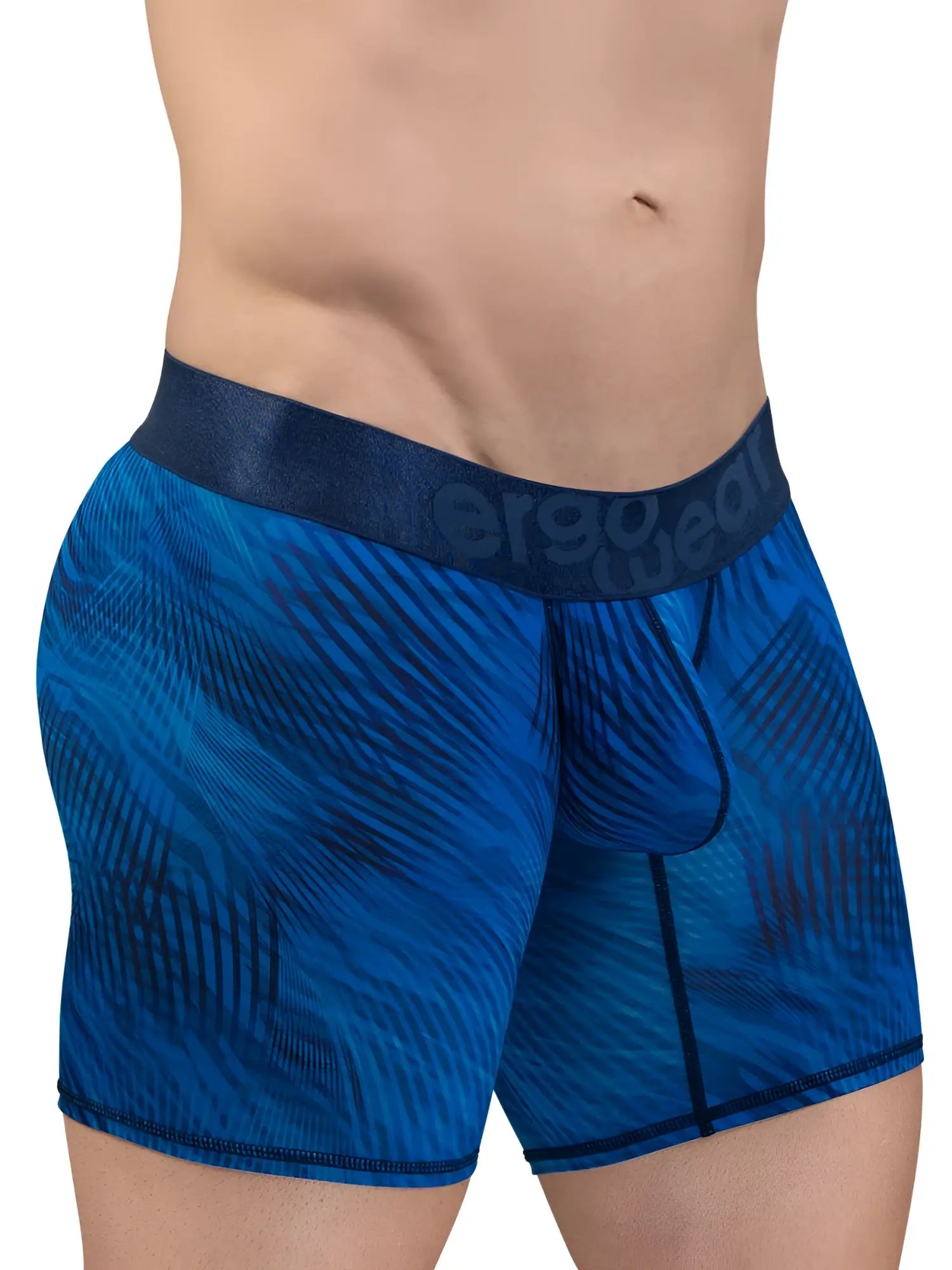 Blue patterned men’s boxer briefs with dark blue ergogear waistband designed for comfortable daily wear