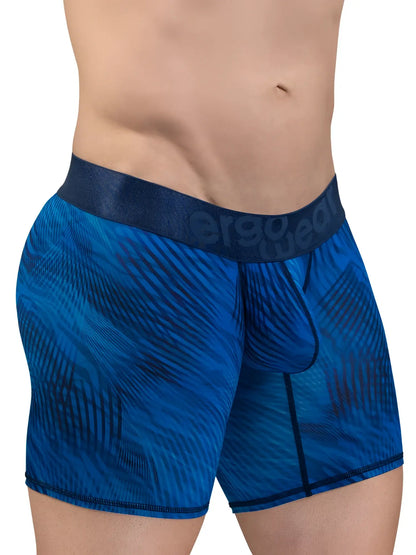 Blue patterned men’s boxer briefs with dark blue ergogear waistband designed for comfortable daily wear