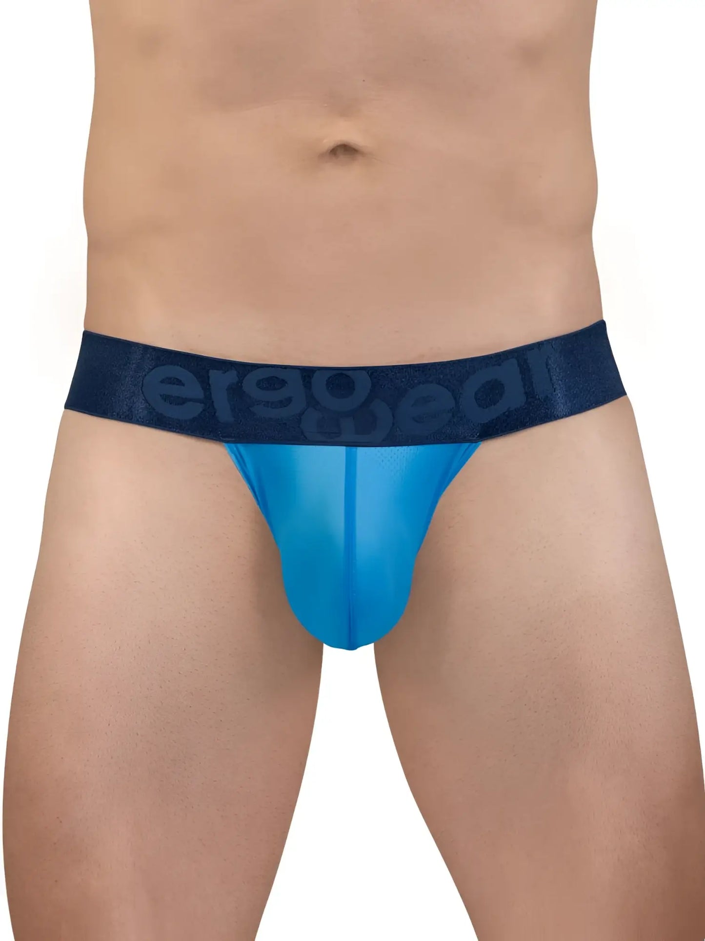 Blue sheer men’s briefs with dark blue ergo wear elastic waistband in river blue from ergo wear ew1821 max bold se bikini
