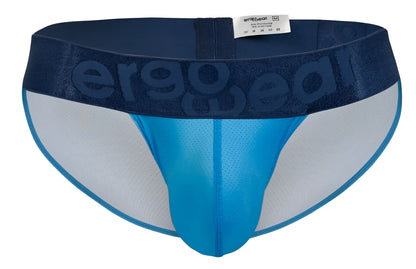 Blue and white ergonomics briefs with mesh design and ergogear logo on waistband from ergowear ew1821 max bold bikini