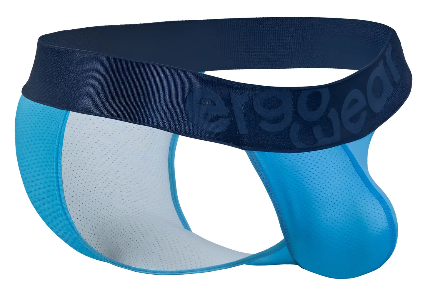Blue and white mesh athletic briefs with navy elastic waistband featuring ergo wear logo in river blue color