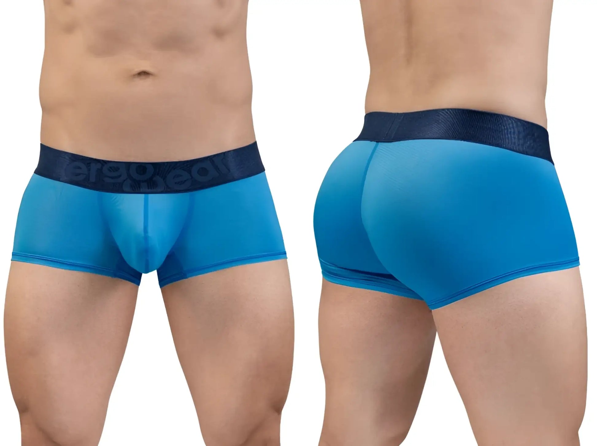 Blue mesh briefs with dark blue elastic waistband featuring ergodeal logo in river blue ergo wear ew1822 max bold se trunks