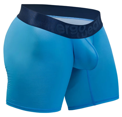 Bright blue ergonomic boxer briefs with a dark navy waistband featuring the ergo wear logo in river blue color