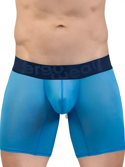 Blue sheer ergoWear EW1823 MAX BOLD SE boxer briefs with dark blue aerogear waistband in river blue color