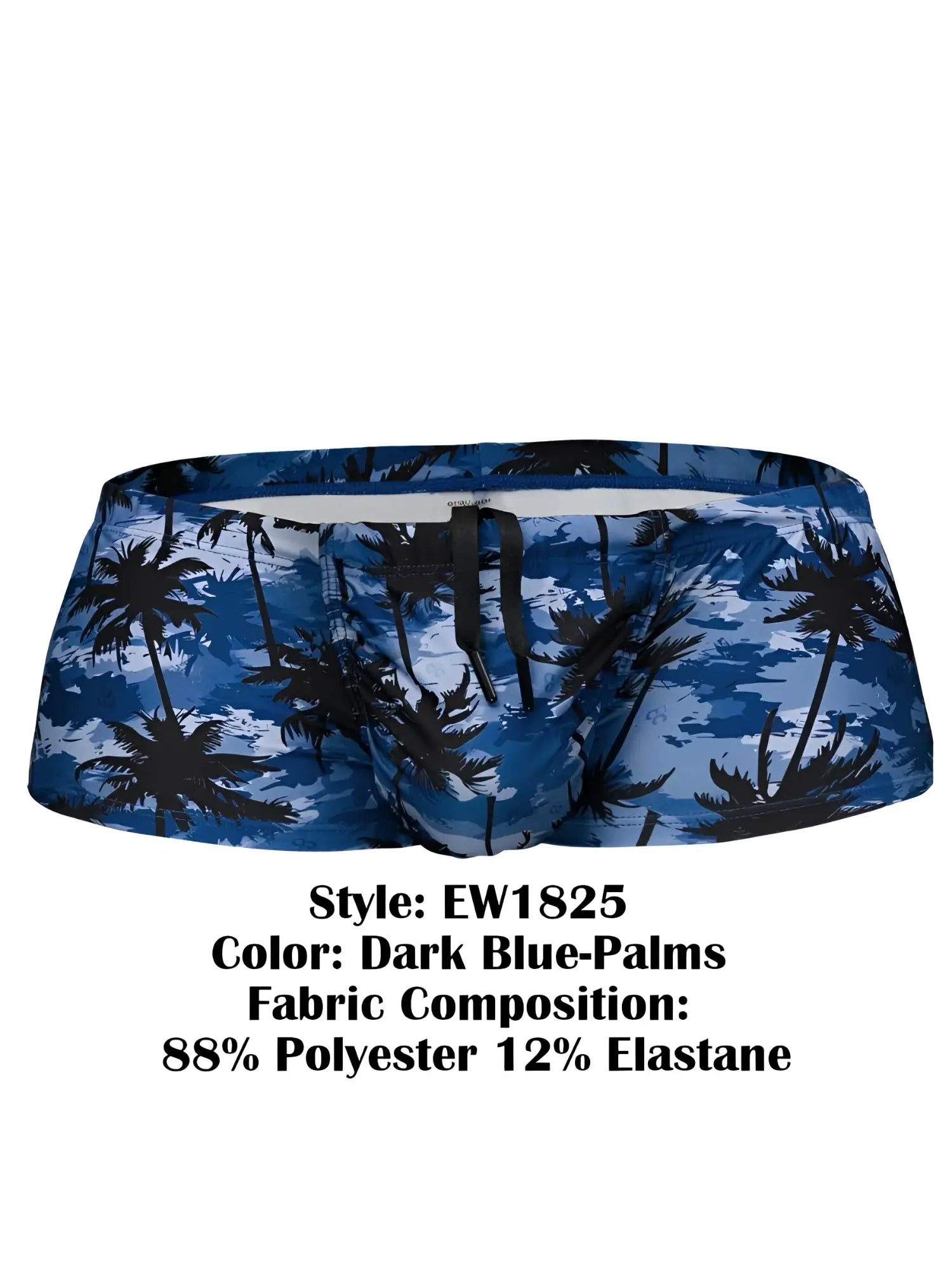 Dark blue swim trunks with black palm tree pattern made of 88 polyester and 12 elastane by ergowear ew1825 feel sw
